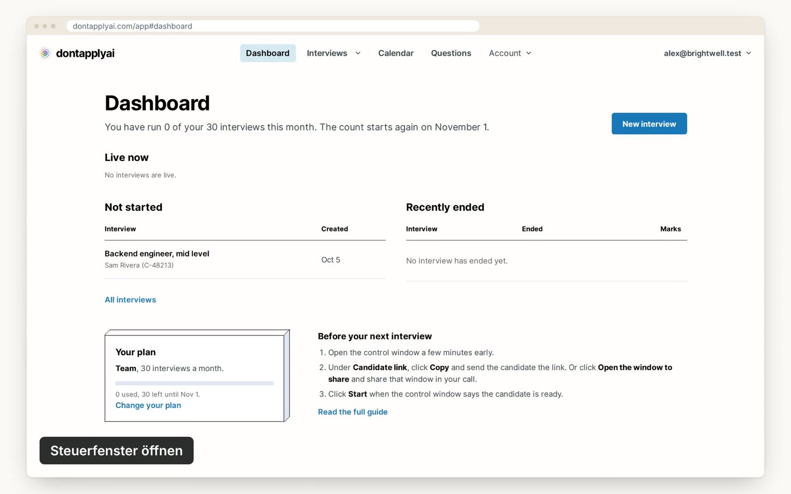 Das Dashboard mit einem Interview, das noch nicht begonnen hat