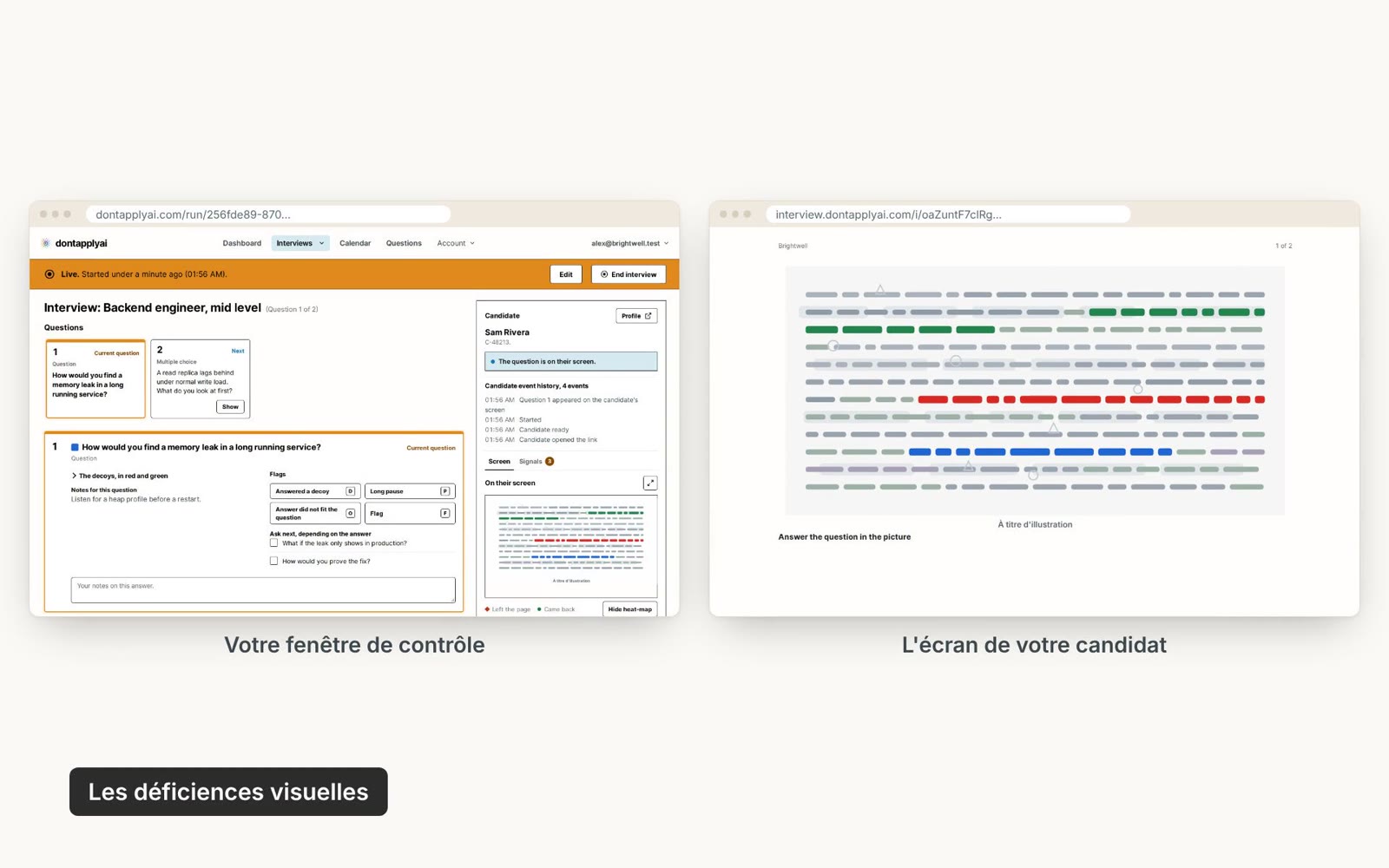 La fenêtre de contrôle à côté de l'écran du candidat