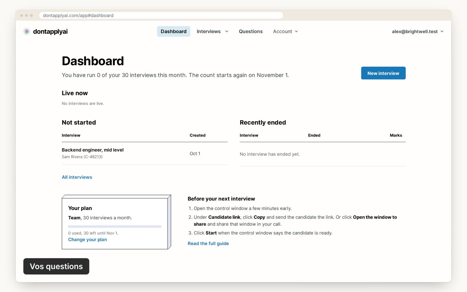 Le Dashboard, avec le bouton New interview