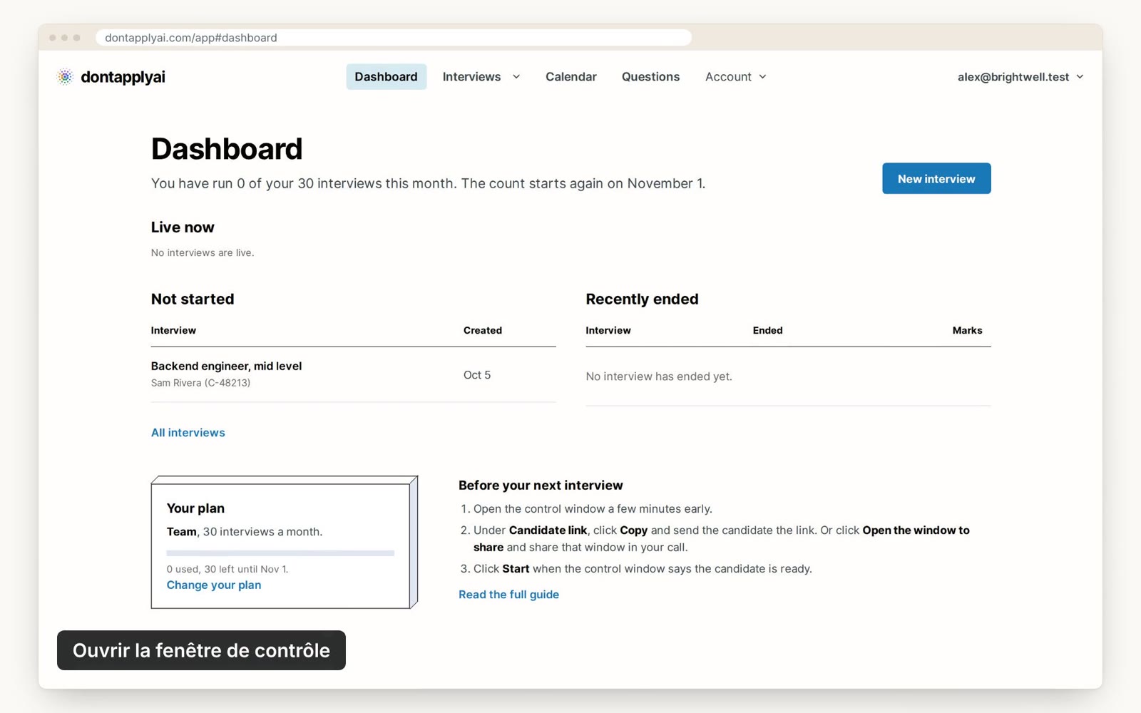 Le Dashboard, avec un entretien qui n'a pas encore commencé