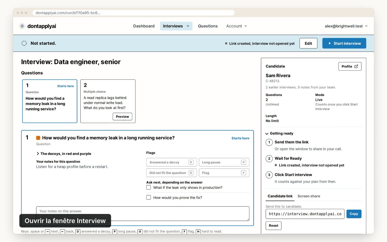 La fenêtre de contrôle avant le début de l'entretien, avec l'onglet Screen share
