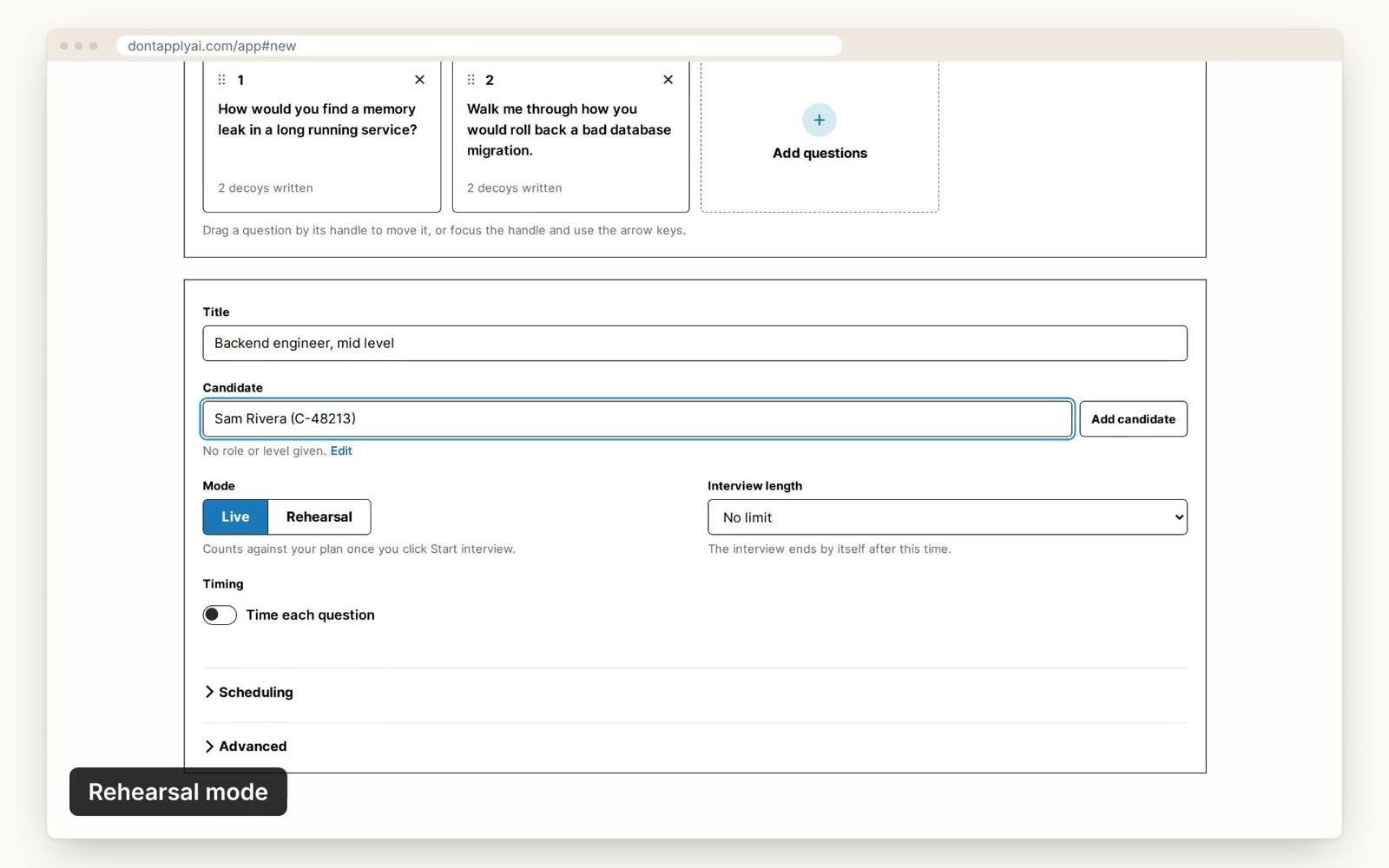 The New interview page, with Live and Rehearsal under Mode