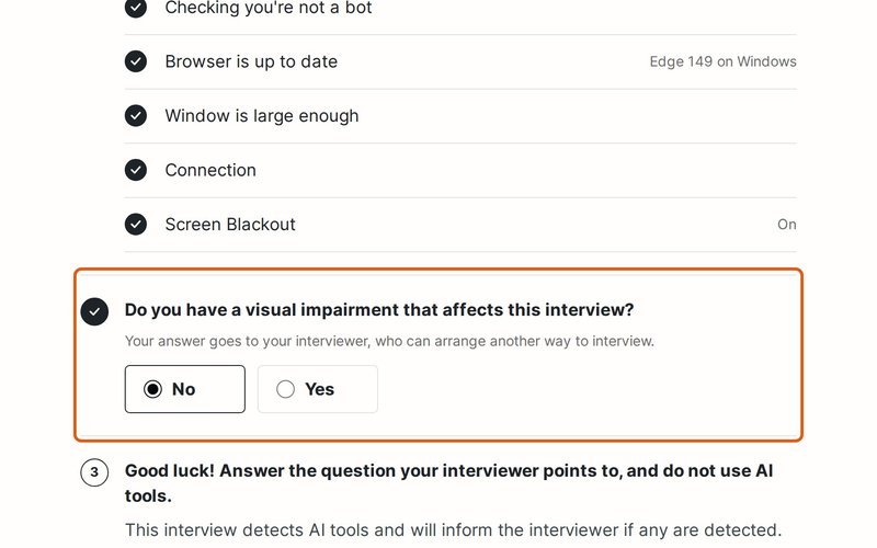 They share their location, answer a question about visual impairments and confirm their email with a code.
