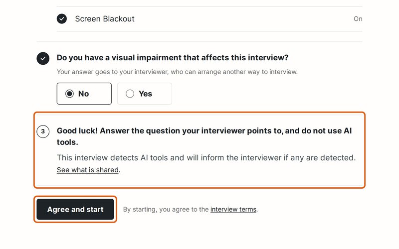 The page asks them not to use AI tools, and they click Agree and start.
