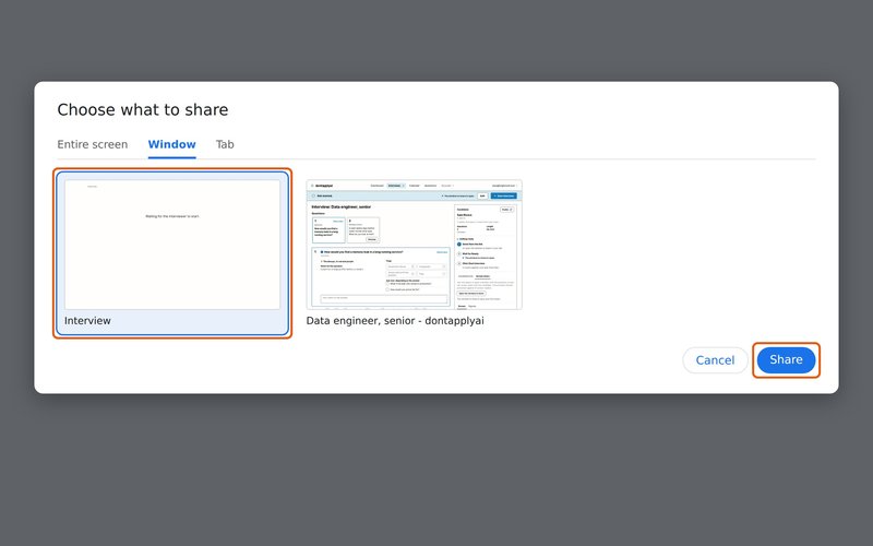 In your call, choose to share a window and pick the Interview window.